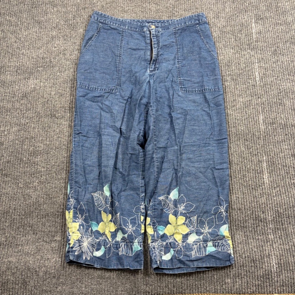 Villager Sport Pants Womens 12 Liz Claiborne Blue Floral Embroidered Crop Denim
